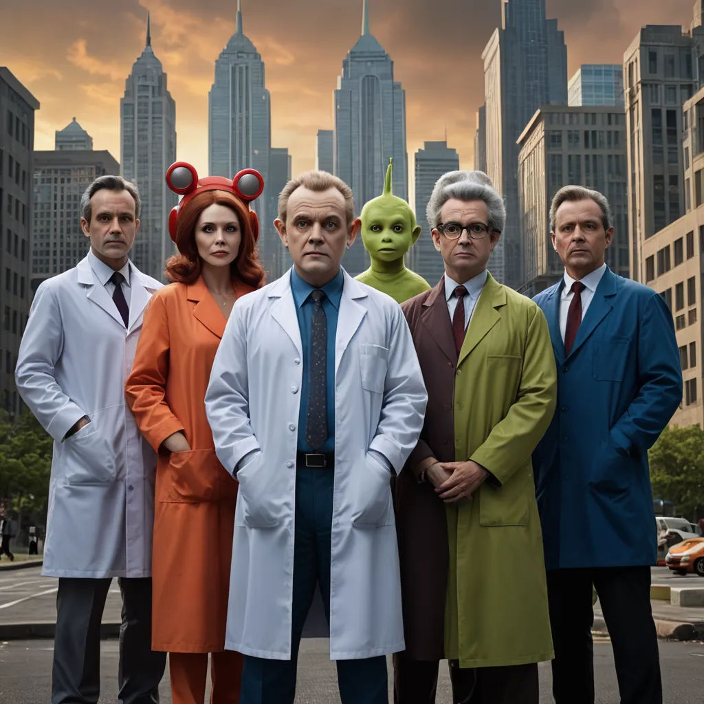 a group of people in suits and ties standing in front of a city skyline with a green alien head, bauhaus, a poster, Bauhaus, promotional image