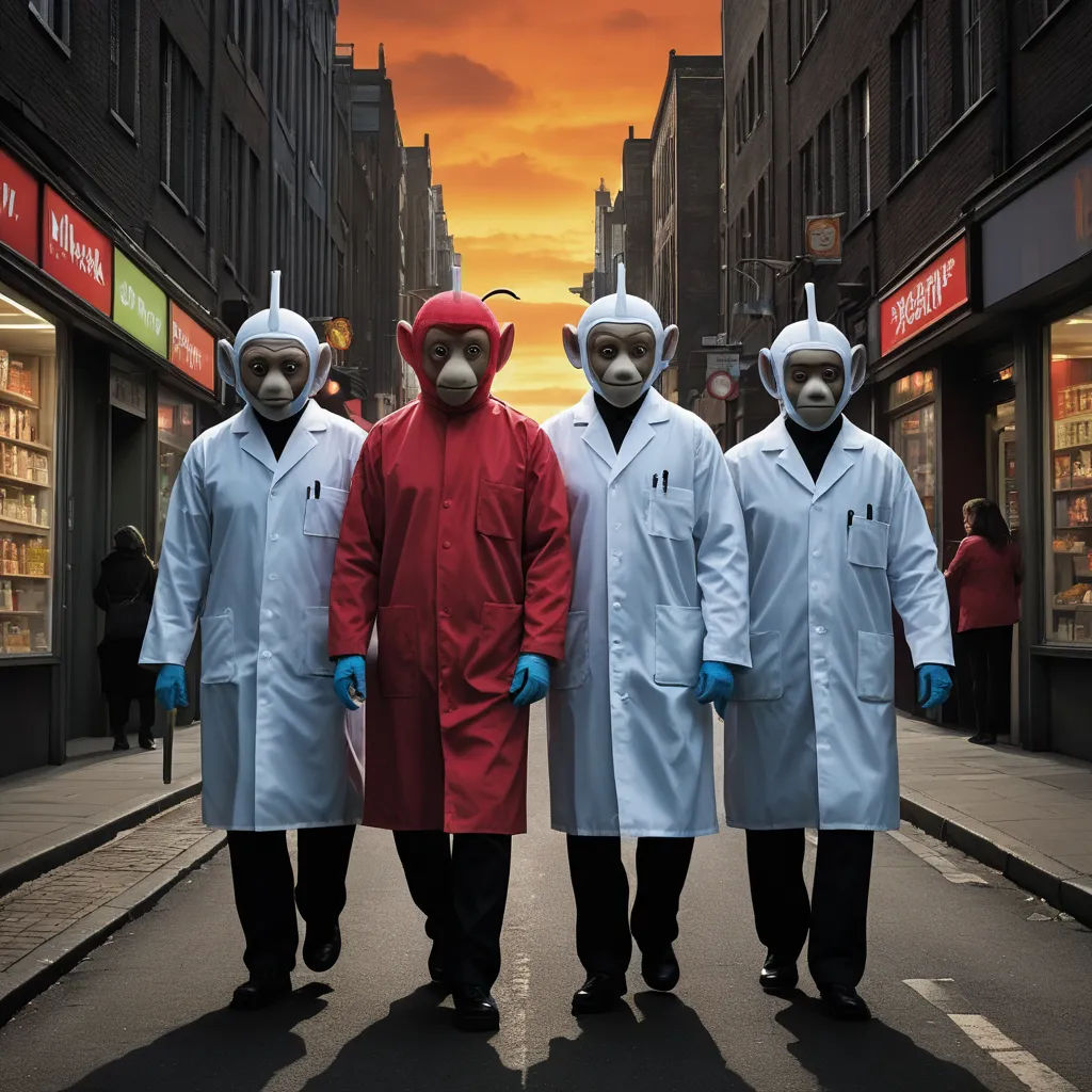 three people in lab coats and masks walking down a street with a red light in the background and a red sky in the background, altermodern, an album cover, Dr. Atl, promotional image