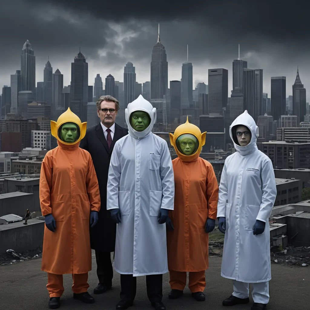a group of people in suits and masks standing in front of a city skyline with a dark sky in the background, pop surrealism, an album cover, Bedwyr Williams, promotional image