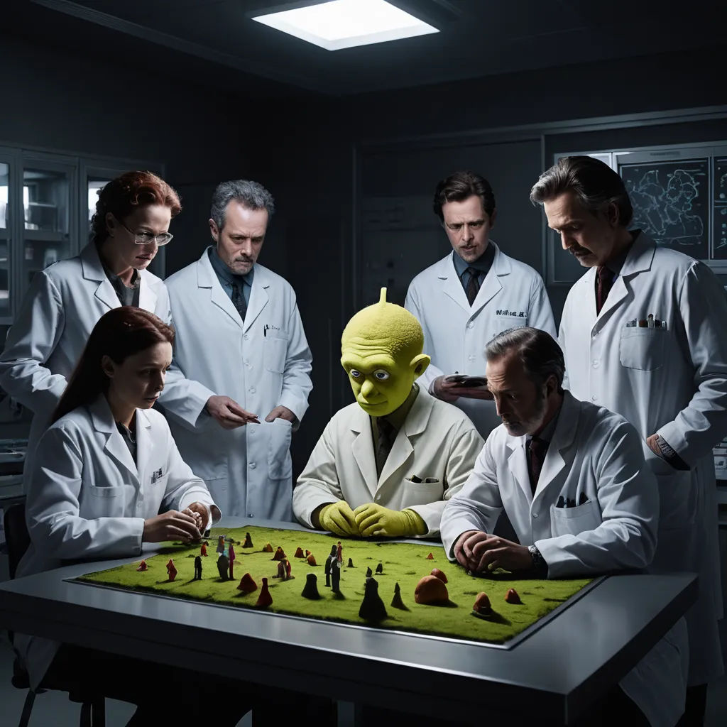 a group of people standing around a table with a giant green man in front of them and a chess board, serial art, a renaissance painting, Dean Roger, promotional image
