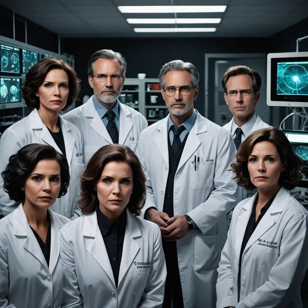 a group of doctors standing in a room together in front of monitors and monitors on the wall behind them, assemblage, a poster, Dr. Atl, promotional image