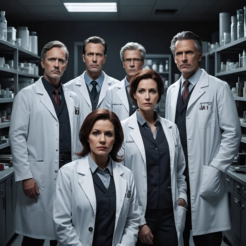 a group of doctors standing in a laboratory together in front of shelves of medicine bottles and bottles on the wall, assemblage, a poster, Andrew Bell, promotional image
