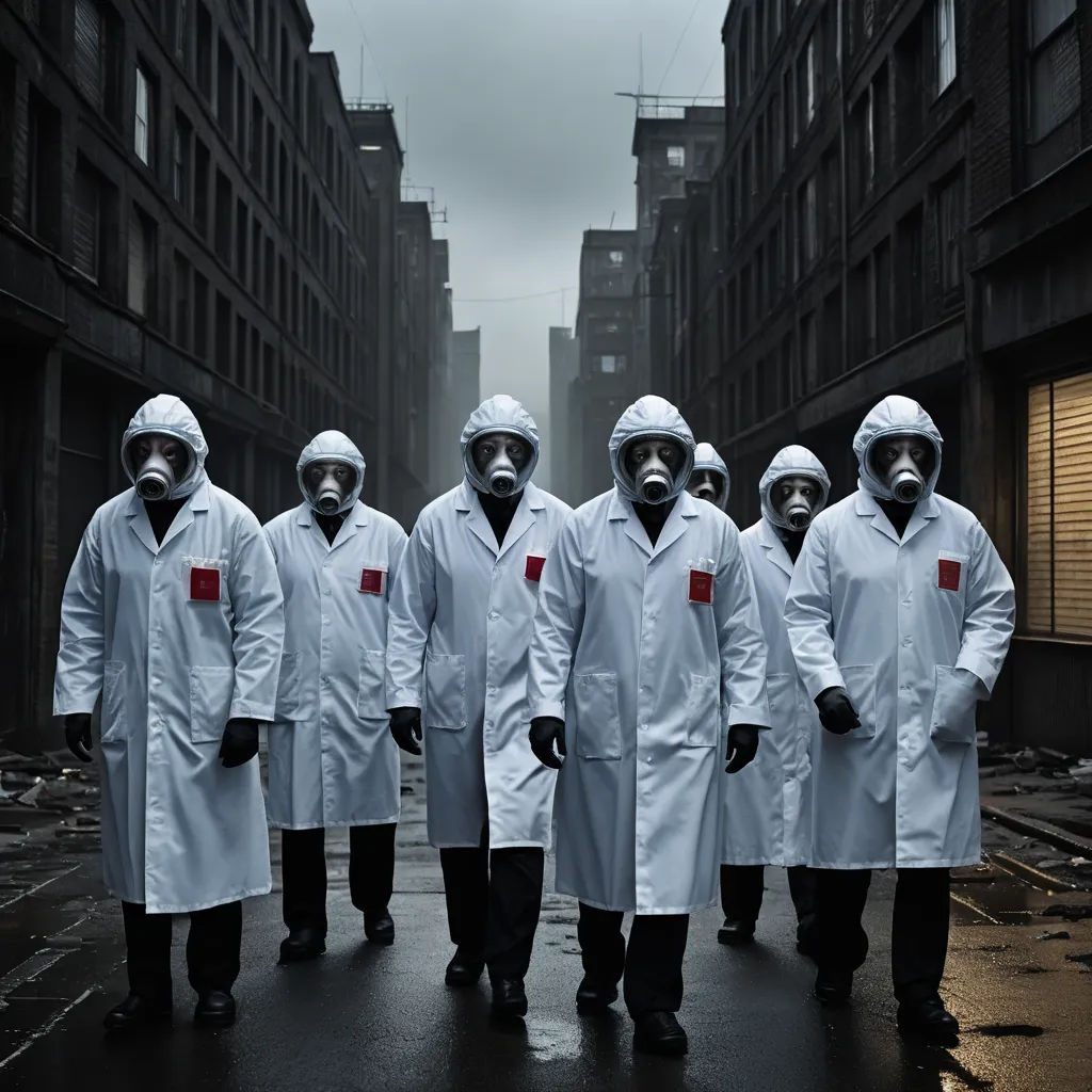 a group of men in white lab coats standing in a street in front of tall buildings with red tags on their ears, neoplasticism, an album cover, Bedwyr Williams, promotional image