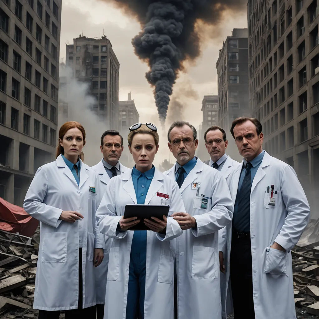a group of doctors standing in front of a black smoke cloud in a city with buildings in the background, neoplasticism, a poster, Doc Hammer, promotional image