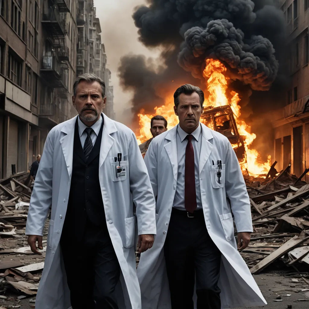 two men in white coats walking in front of a fire in a city with buildings on it and a building on fire, neoplasticism, a poster, Doc Hammer, promotional image