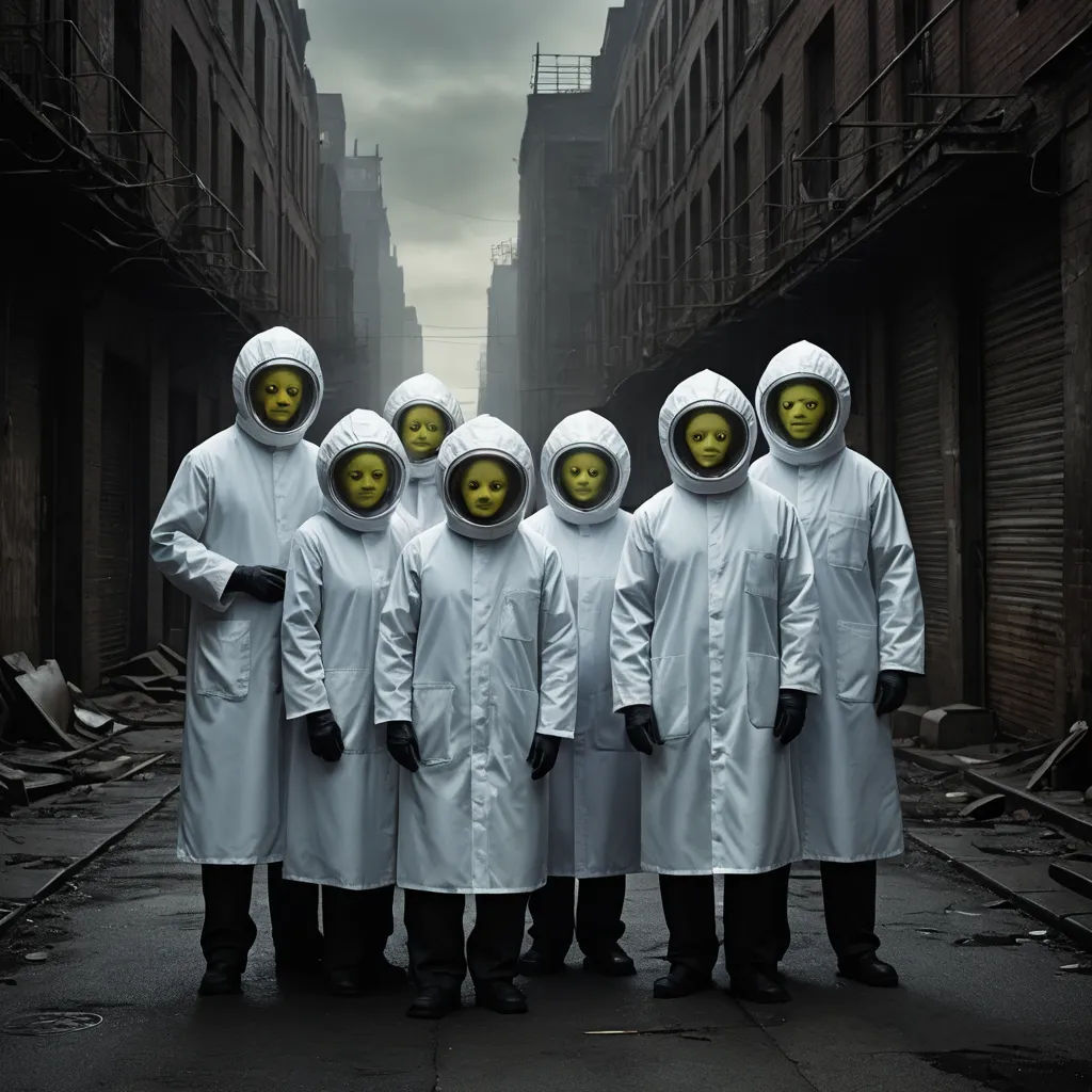 a group of people with painted faces and white coats on standing in a street with buildings in the background, nuclear art, an album cover, Alberto Seveso, promotional image