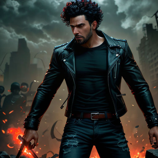 a man in a leather jacket holding a sword in front of a fire filled city with buildings and a sky background