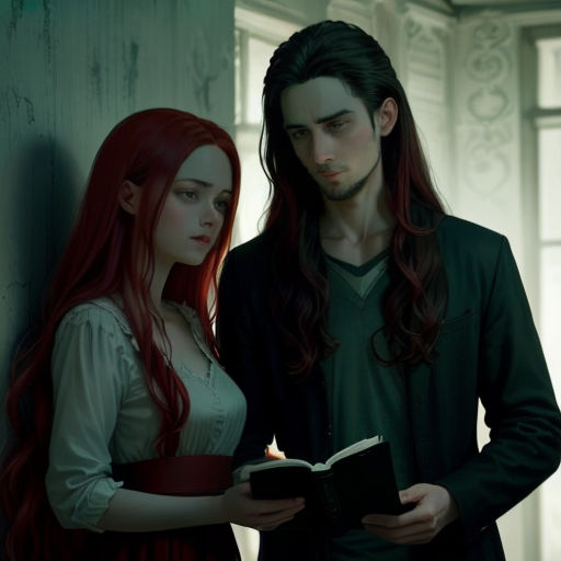 a man and a woman standing next to each other holding a book in their hands and looking at each other