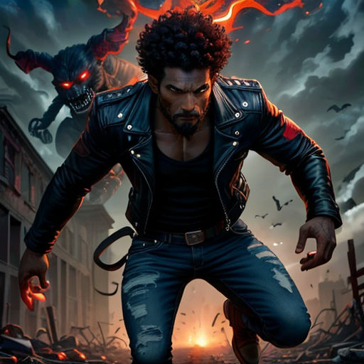 a man in a leather jacket and jeans with a demon on his back, in front of a city