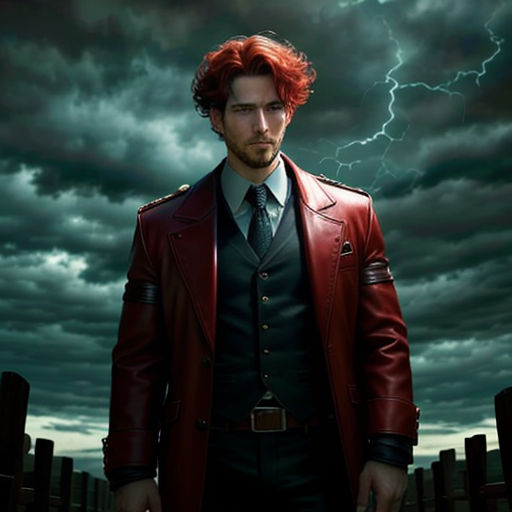 a man in a red jacket and tie standing in front of a stormy sky with lightning behind him and a fence