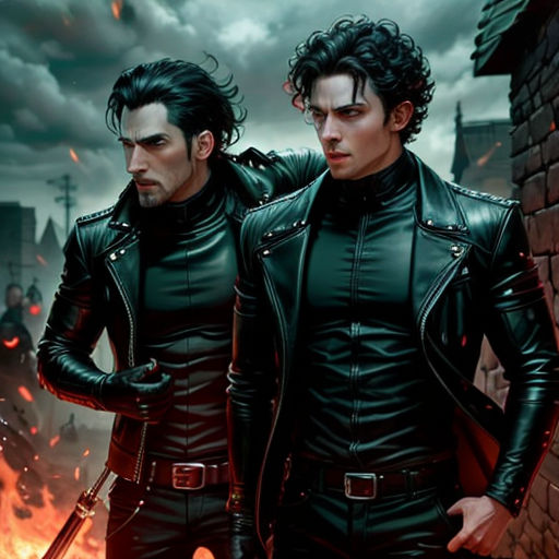two men in leather jackets standing next to each other in front of a fire and sky background with a building