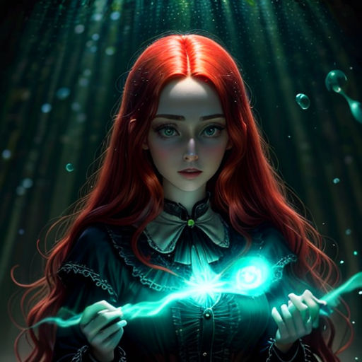 a woman holding a green light in her hands and a green light shining from her hands, with bubbles surrounding her