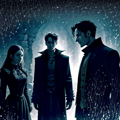 a group of people standing next to each other in a dark room with stars on the ceiling and a light shining on the floor