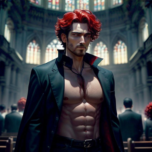 a man with red hair and a black jacket in a church with stained glass windows and stained glass windows