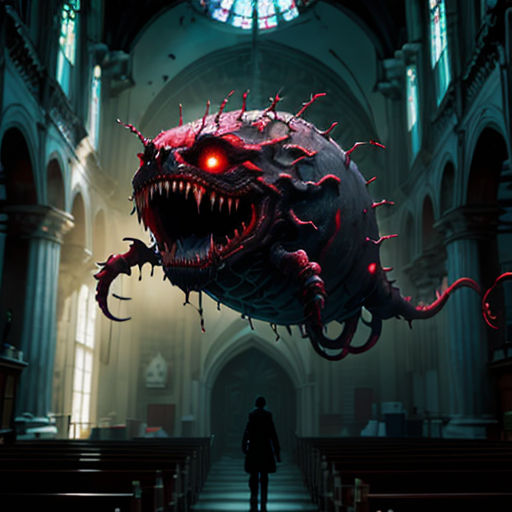 a demonic looking creature floating over a church pews in a dark cathedral with a person standing in the background