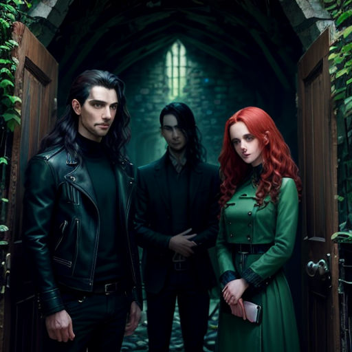 a group of people standing in a doorway with a green dress and black jacket on and a man in a black coat
