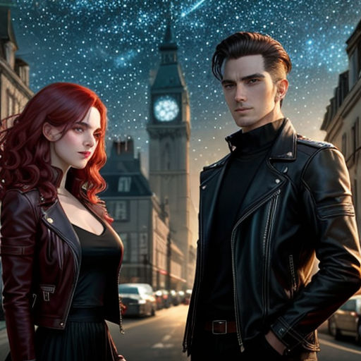 a man and a woman standing in front of a clock tower in a city at night with stars in the sky