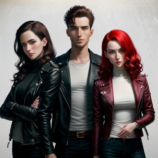 a group of people standing next to each other in leather jackets and jeans, with one woman in a white top and the other in a black leather jacket