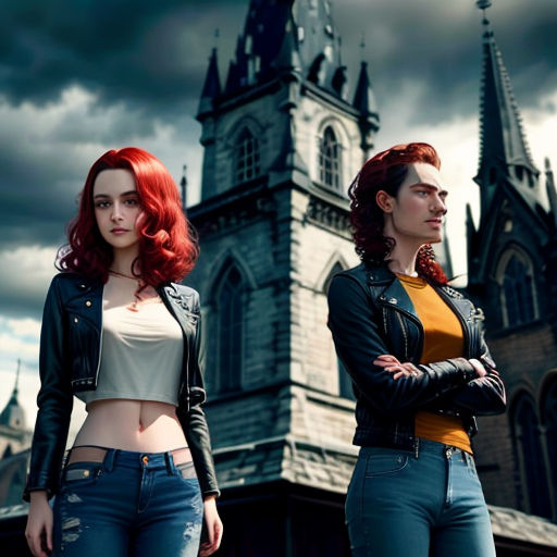 two women standing in front of a castle with a clock tower in the background and a dark sky in the background