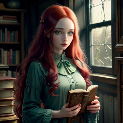 a woman with long red hair is holding a book in a library and looking at the camera with a serious look on her face