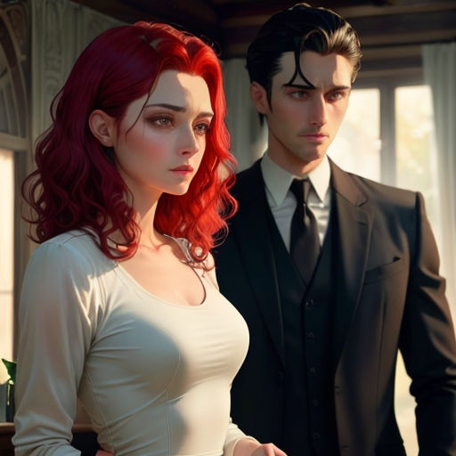 a man and a woman in a suit and tie standing next to each other in a room with a window