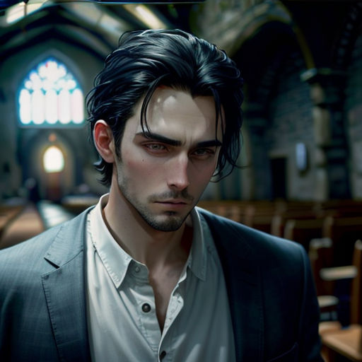 a man in a suit and tie standing in a church with a stained glass window behind him and a stained glass window behind him
