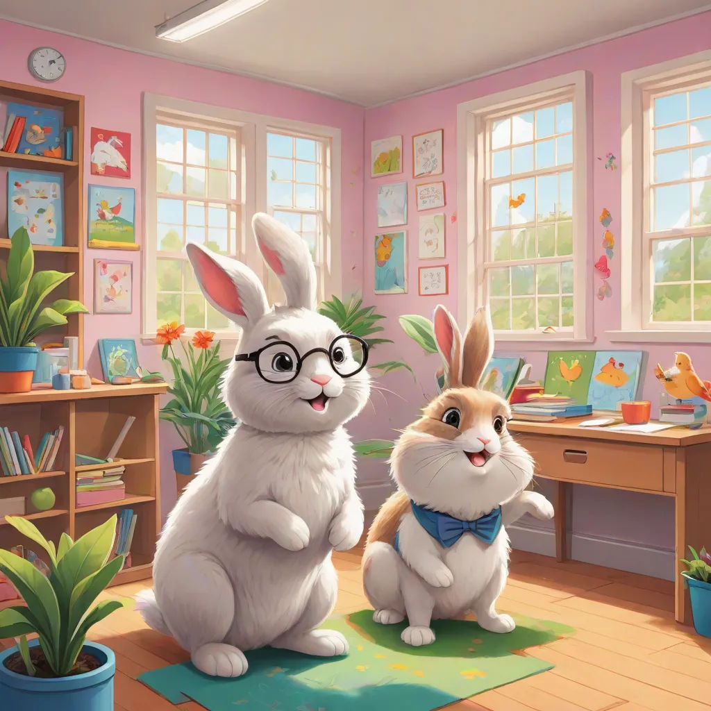 a cartoon of a bunny and a bunny rabbit in a room with a desk and a potted plant, furry art, a storybook illustration, Chris LaBrooy, official art