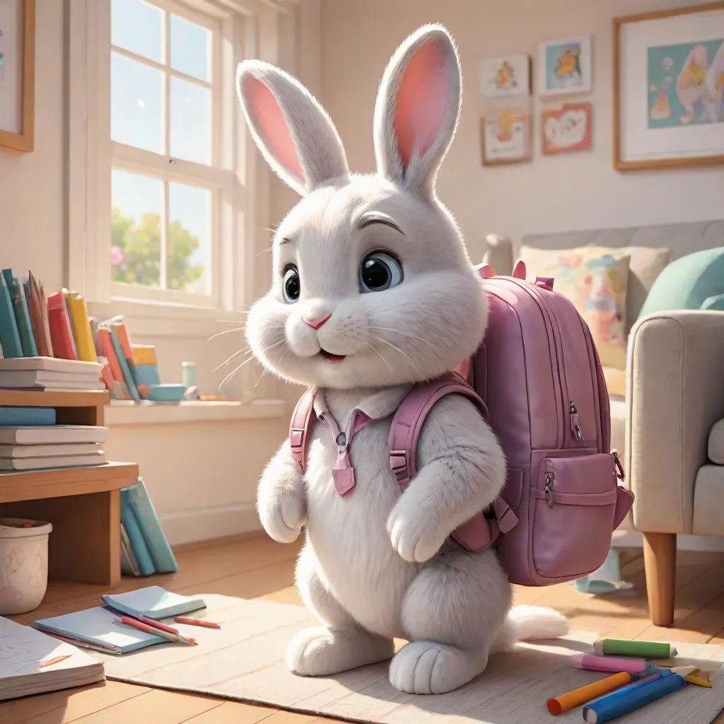 a white rabbit with a pink backpack and a pencil case in a room with a window and a chair, furry art, a 3D render, Beatrix Potter, unreal engine 5 quality render