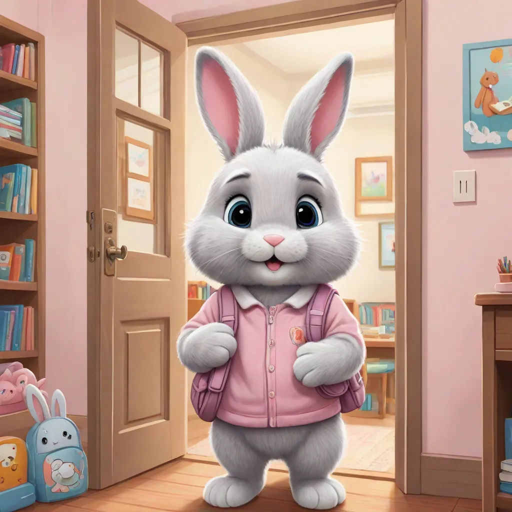 a cartoon bunny is standing in a room with a door open and a pink wall and bookshelves, furry art, a digital rendering, Chris LaBrooy, professional digital painting