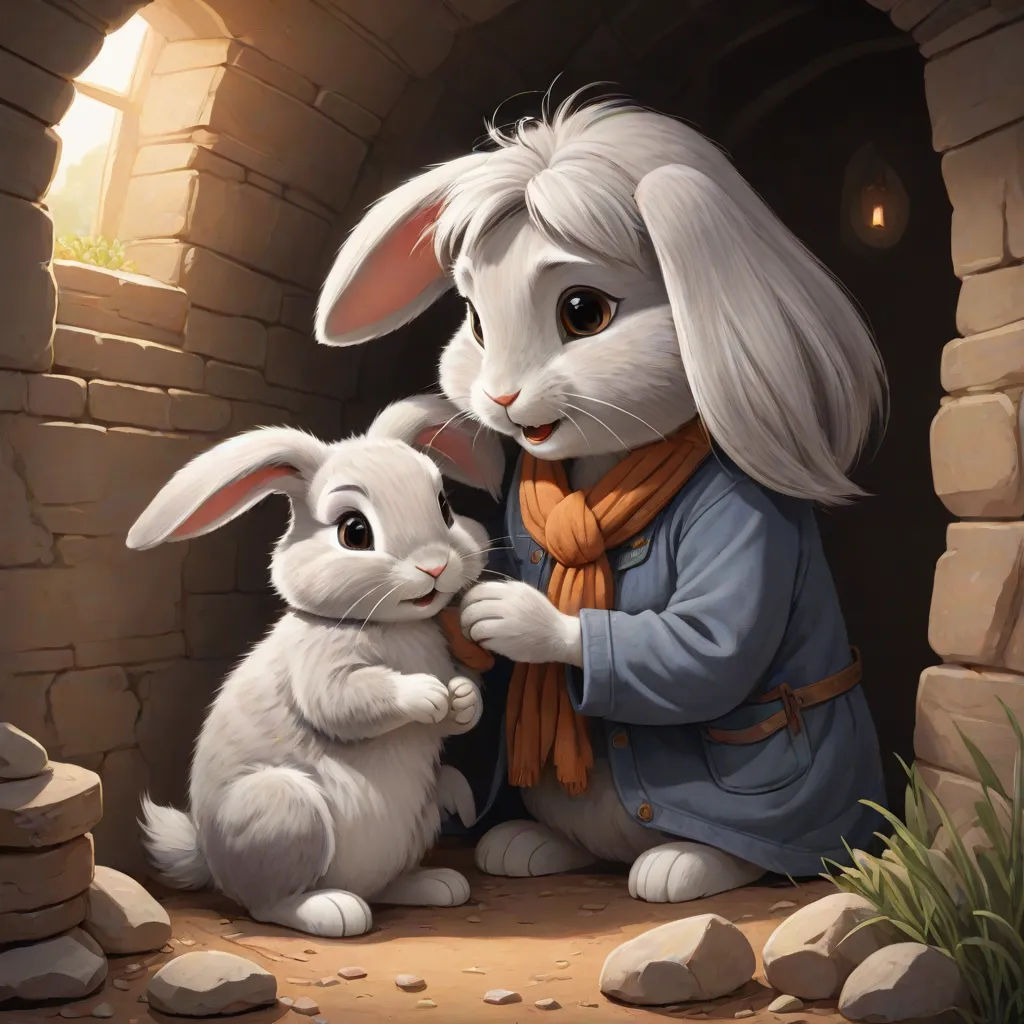 a rabbit and a rabbit sitting in a cave with a person holding a rabbit's hand and a stone wall, furry art, a storybook illustration, Aaron Jasinski, trending on art station