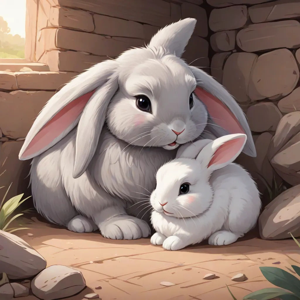 a rabbit and a bunny sitting next to each other on a stone floor in a cave with a window, furry art, a detailed painting, Beatrix Potter, official art