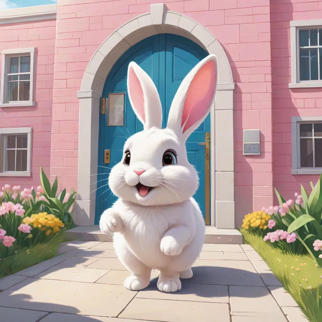 a cartoon bunny standing in front of a pink house with a blue door and a pink brick building with a blue door, furry art, a storybook illustration, Chris LaBrooy, rossdraws global illumination