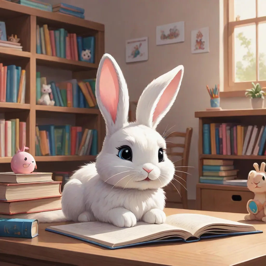 a white rabbit sitting on top of a book on a desk next to a book shelf filled with books, furry art, a storybook illustration, Chris LaBrooy, trending on art station