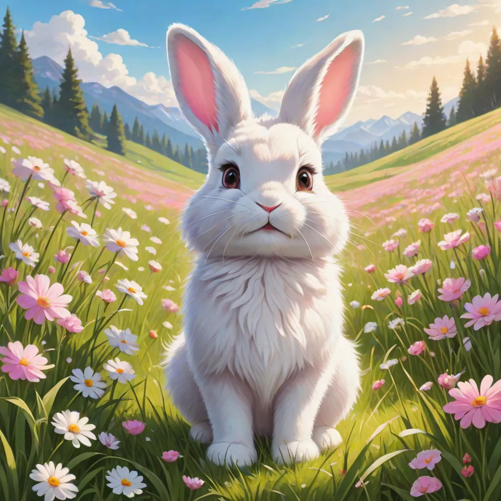 a painting of a white rabbit sitting in a field of flowers with mountains in the background and a blue sky, furry art, a painting, Chris LaBrooy, official art