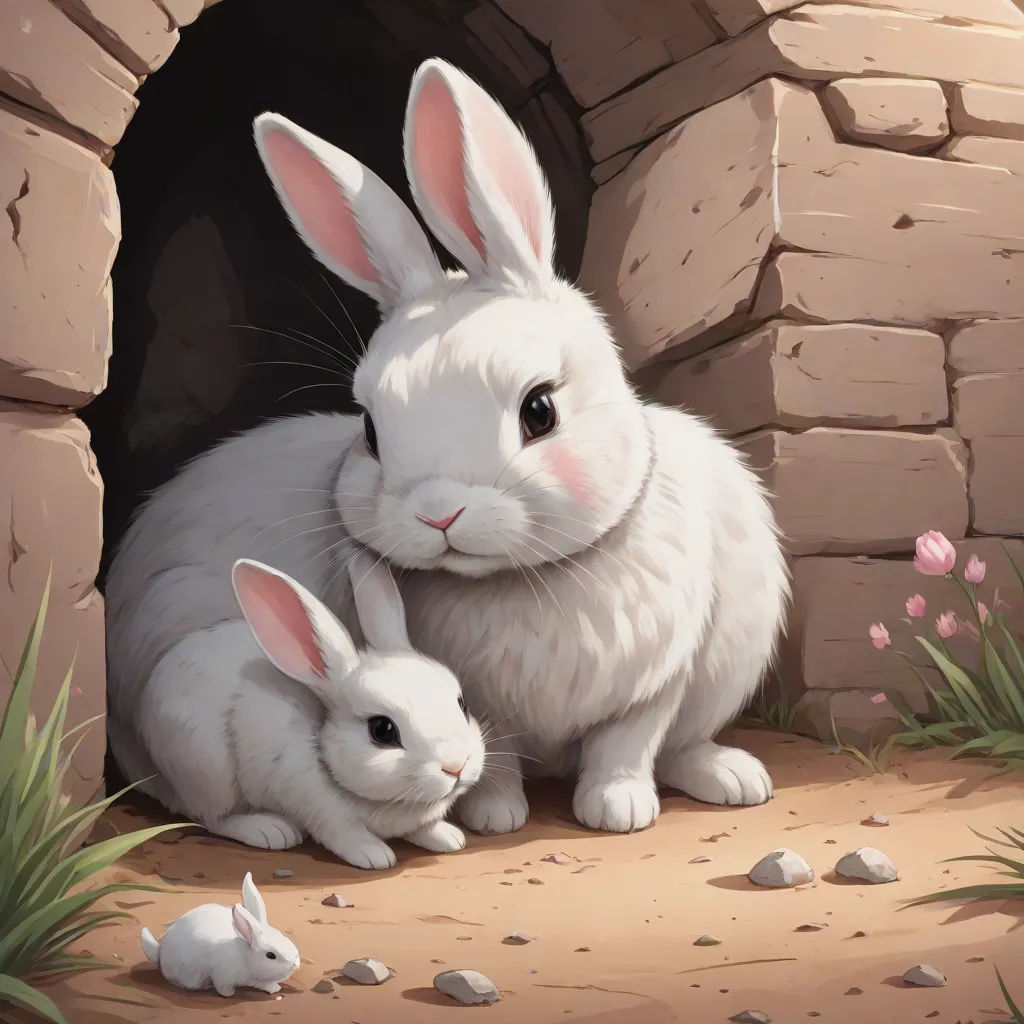 a rabbit and her baby are sitting in a cave with rocks and grass around them, and a brick wall behind them, furry art, a detailed painting, Chris Rahn, official art