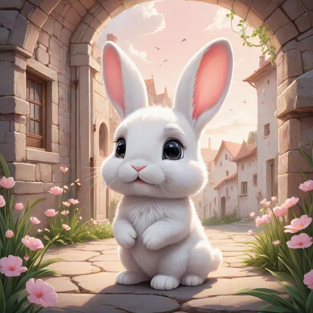 a white rabbit sitting in front of a doorway with pink flowers in the foreground and a castle in the background, fantasy art, a detailed painting, Ed Binkley, rossdraws global illumination