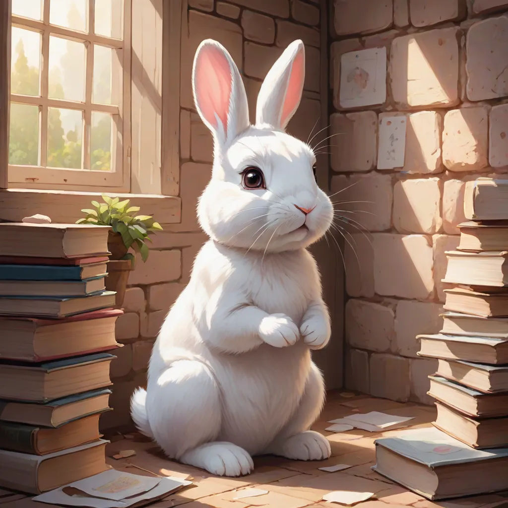 a white rabbit sitting on a floor next to a pile of books and a window with a plant in it, altermodern, a storybook illustration, Clint Cearley, rossdraws global illumination