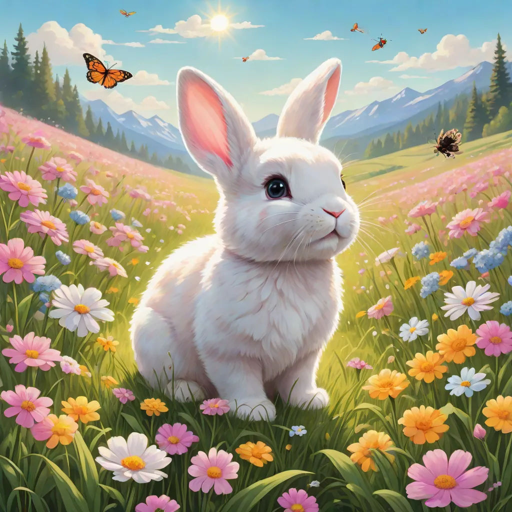 a painting of a white rabbit sitting in a field of flowers with a butterfly flying above it and a mountain in the background, pop surrealism, a painting, Chris LaBrooy, official art
