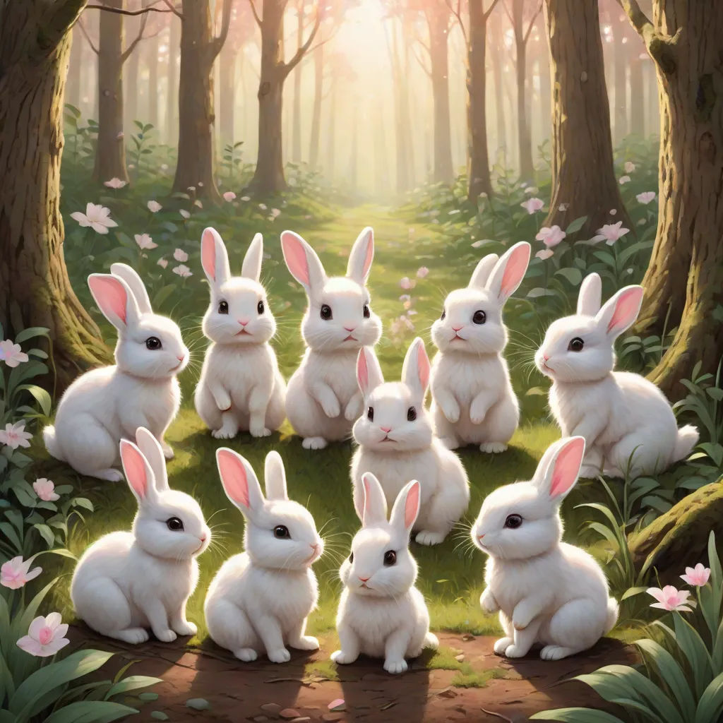 a group of white rabbits sitting in the grass in front of a forest with pink flowers and trees and a sun shining through the trees, furry art, a fine art painting, Anne Stokes, rossdraws global illumination