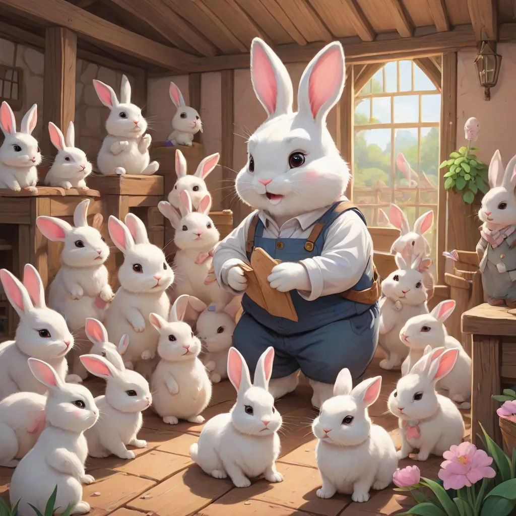 a group of white rabbits sitting next to each other on a floor next to a window and a man, furry art, a detailed painting, Clint Cearley, official art