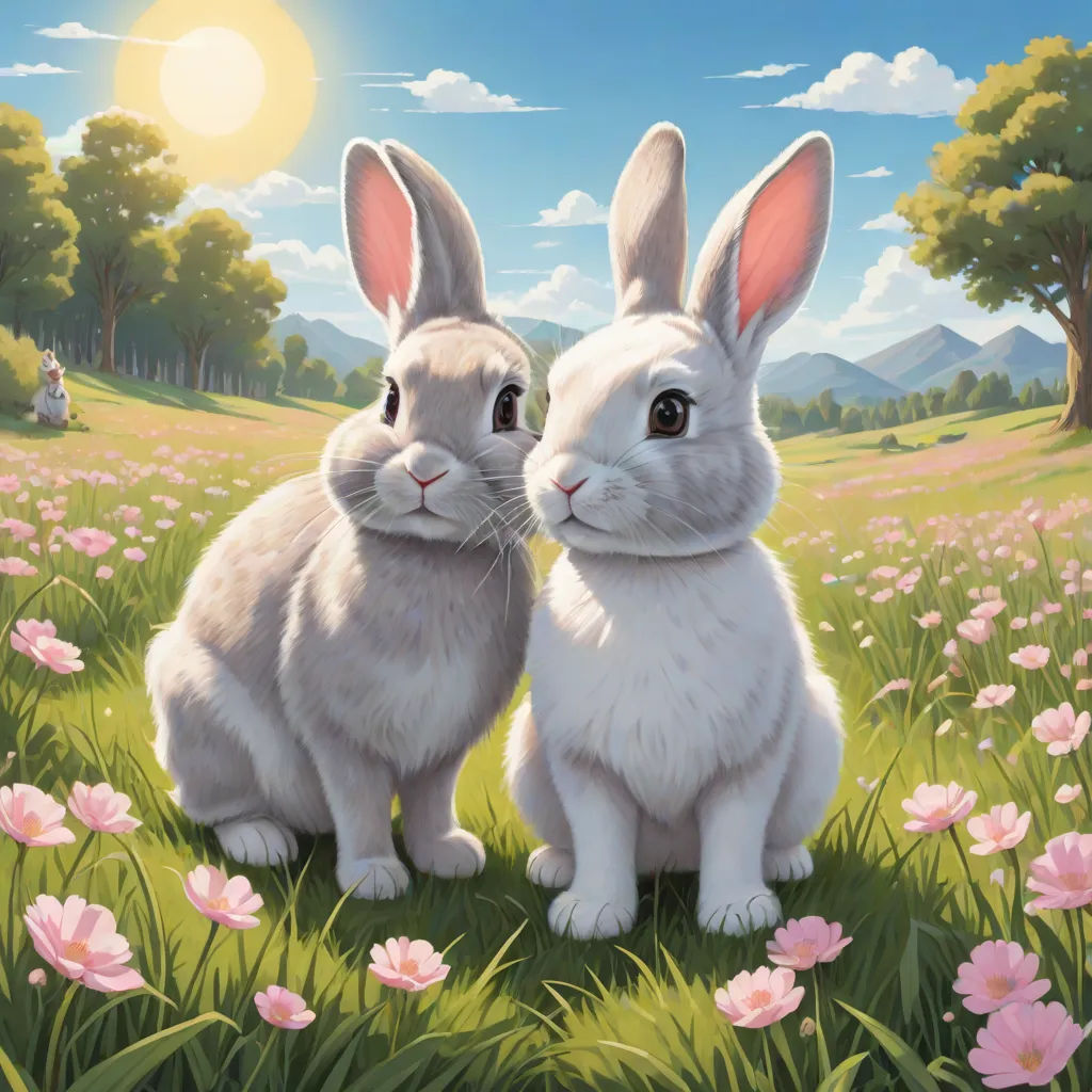 two rabbits are sitting in a field of flowers and grass with a blue sky in the background and a sun shining, furry art, a detailed painting, Brothers Hildebrandt, rossdraws global illumination