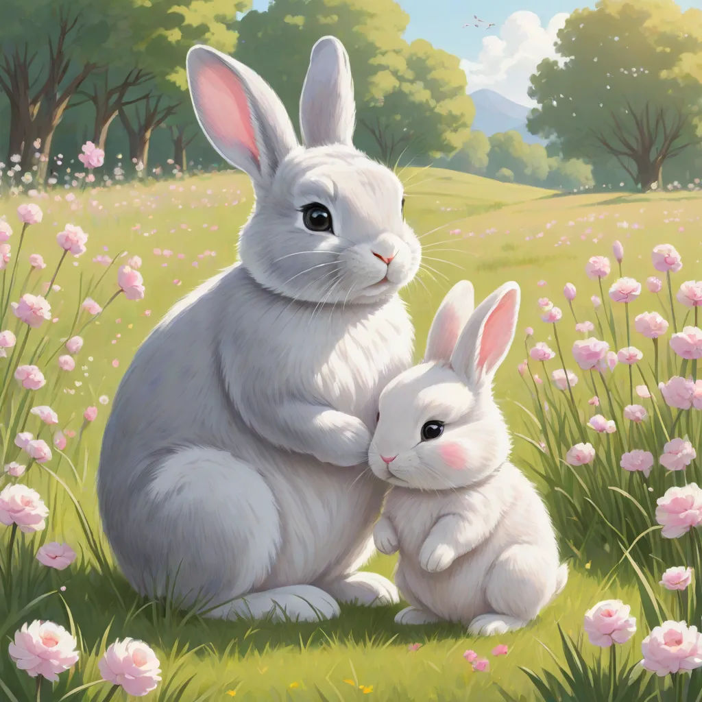 a painting of a mother and baby bunny in a field of flowers with pink flowers in the background and a blue sky, furry art, an oil painting, Chris LaBrooy, official art