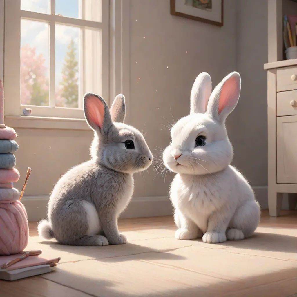 a couple of rabbits sitting on top of a wooden floor next to a window with a curtain in it, furry art, a detailed painting, Chris LaBrooy, rossdraws global illumination
