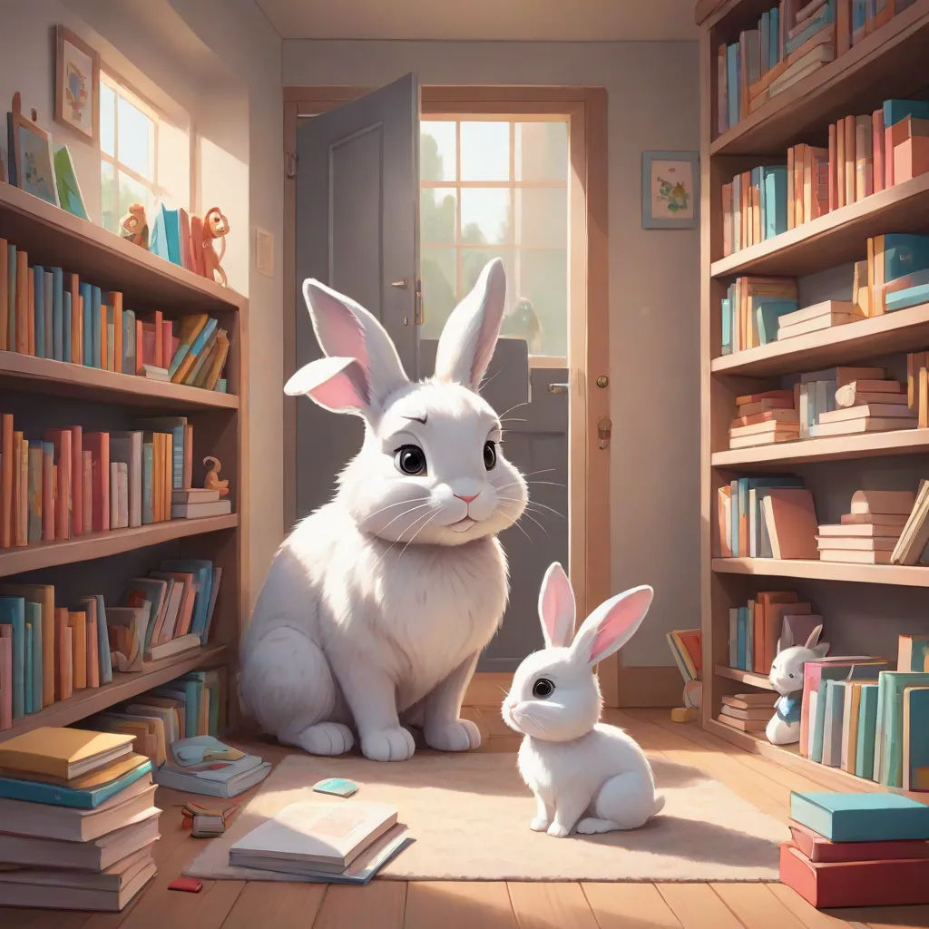 a rabbit and a bunny rabbit sitting in a room with bookshelves and a door to another room, furry art, a storybook illustration, Chris LaBrooy, rossdraws global illumination