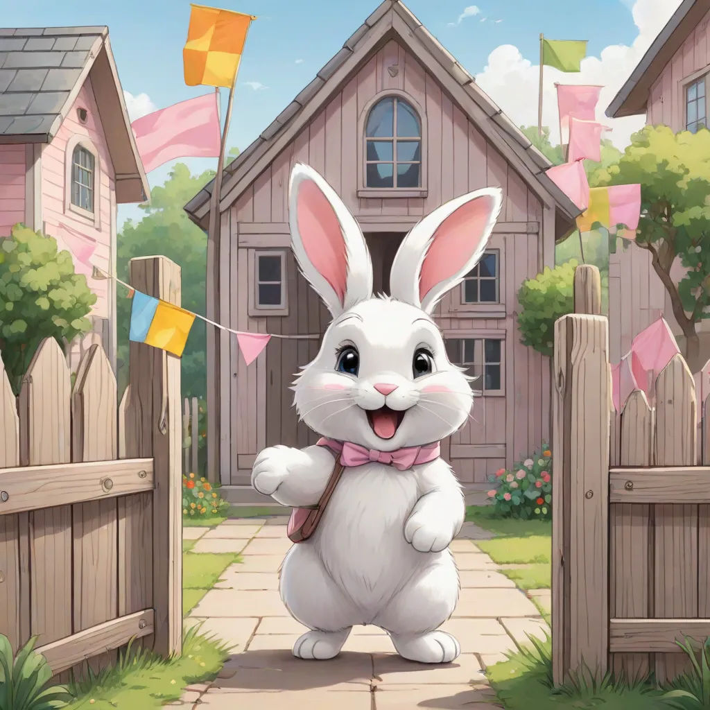 a white rabbit standing in front of a wooden fence with flags flying in the air and a house in the background, furry art, a storybook illustration, Beatrix Potter, official art