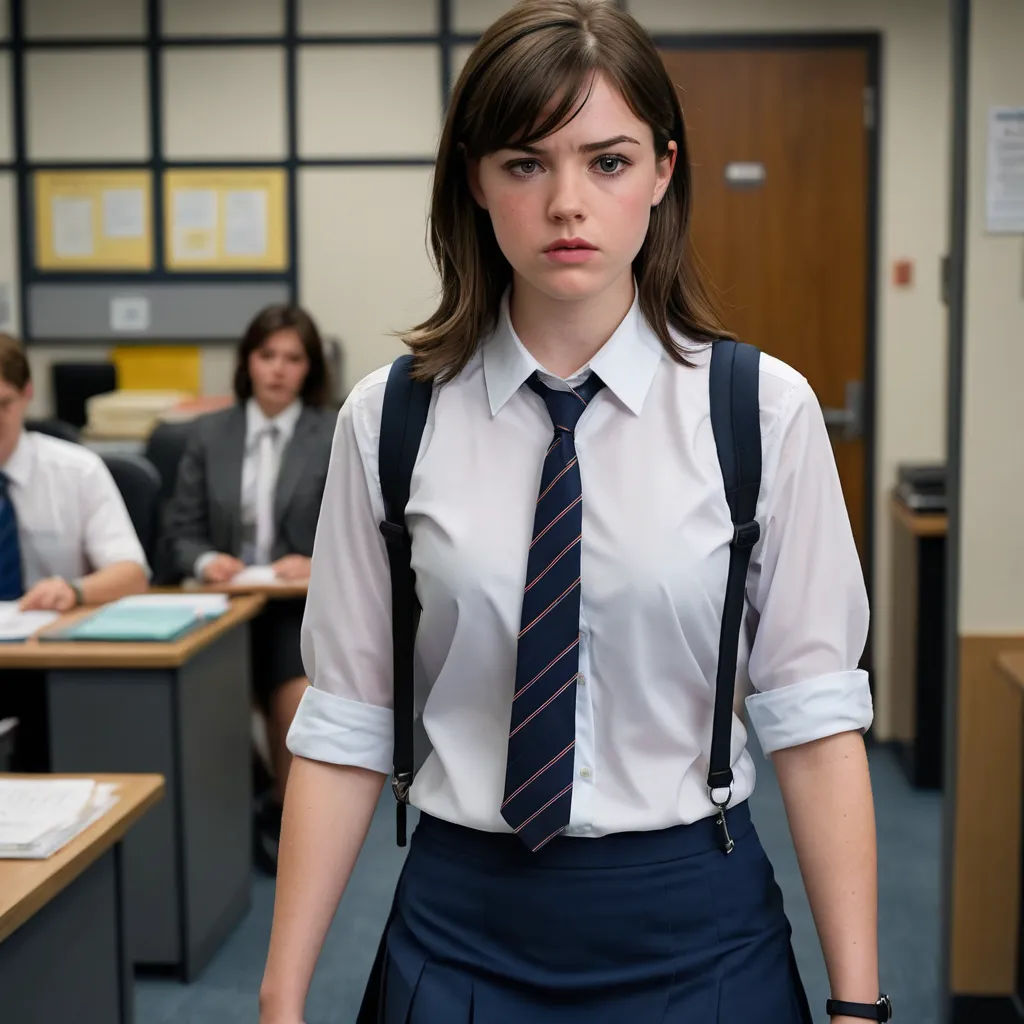 a woman in a skirt and tie standing in a room with other people in the background and a man in a suit and tie, vancouver school, a character portrait, Barbara Greg, promotional image