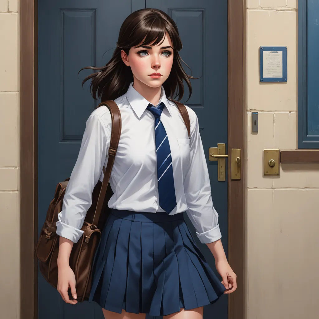 a girl in a skirt and a tie is standing in front of a door with a purse on her shoulder, american scene painting, a character portrait, Artgerm, character portrait