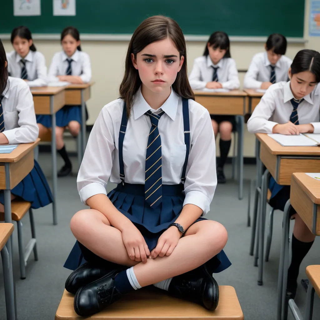 a girl sitting on a desk in a classroom with her legs crossed and her legs crossed, with other girls in the background, institutional critique, a character portrait, Aya Goda, promotional image