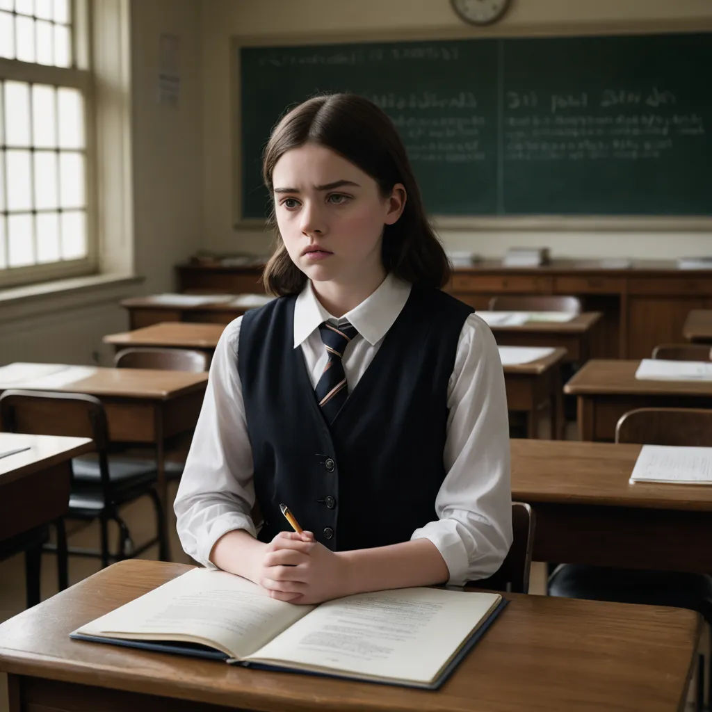 a girl sitting at a desk with a book and pen in her hand and a clock in the background, vancouver school, a character portrait, Elinor Proby Adams, movie still