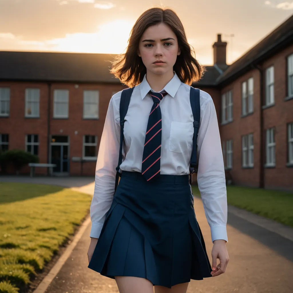 a girl in a skirt and tie walking down a sidewalk in front of a building with grass and a sidewalk, paris school, a character portrait, Elinor Proby Adams, promotional image